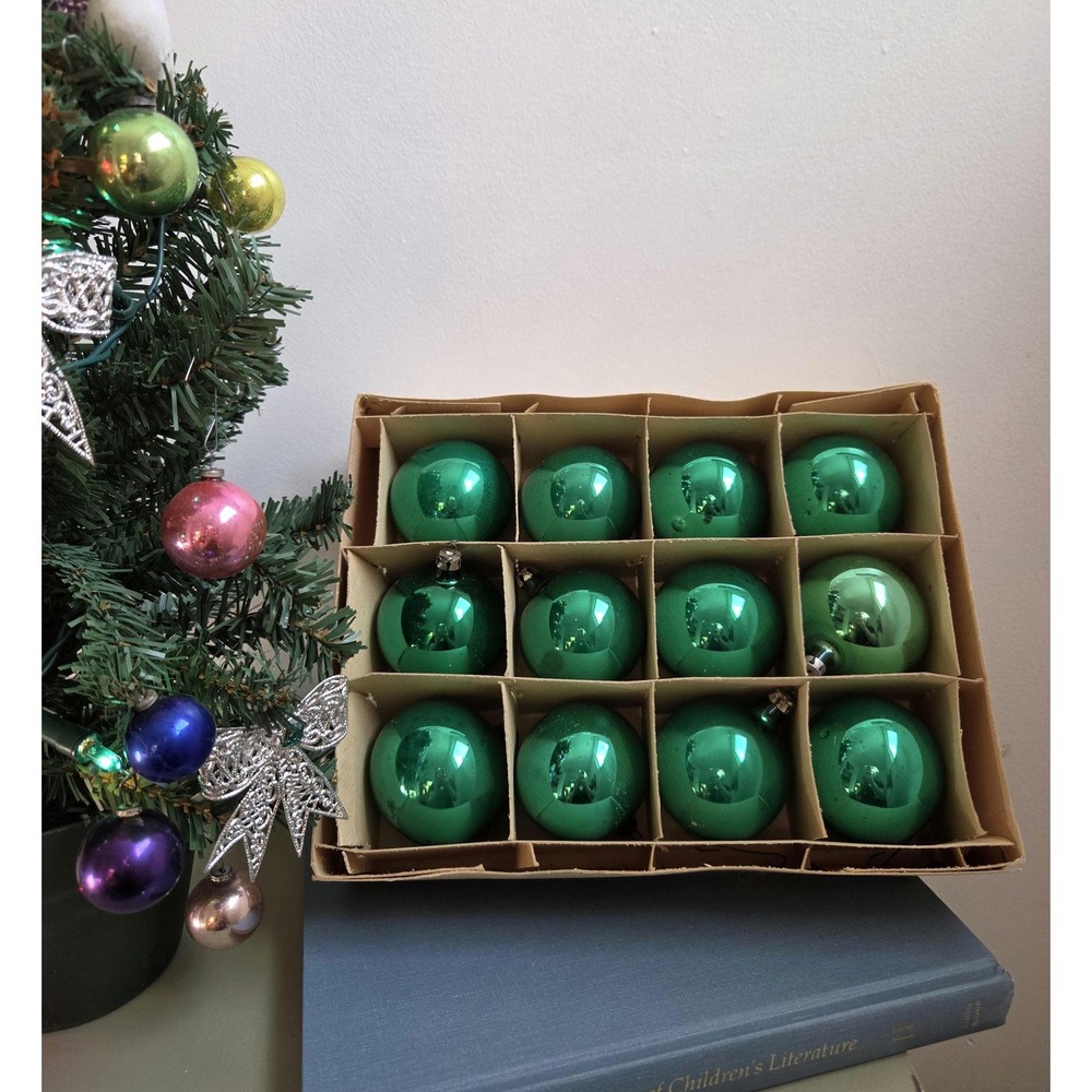 Vintage Green Glass Christmas Ornaments Set of 12 Original Box 2 Inch Baubles
